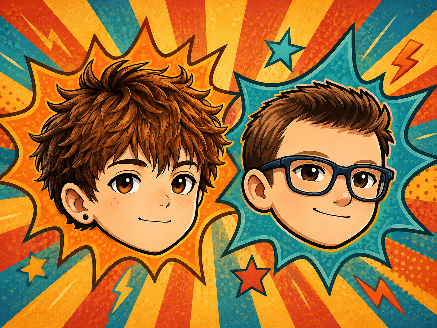Illustrated portrait of Riah and Adam, the young game designers behind CapyCore Games Studio