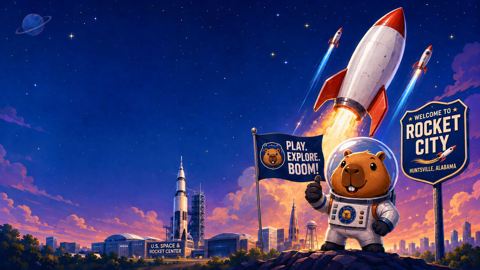 A cheerful capybara astronaut gives a thumbs-up in front of the Huntsville skyline, the U.S. Space & Rocket Center, a Welcome to Rocket City sign, and rockets launching into a starry sky