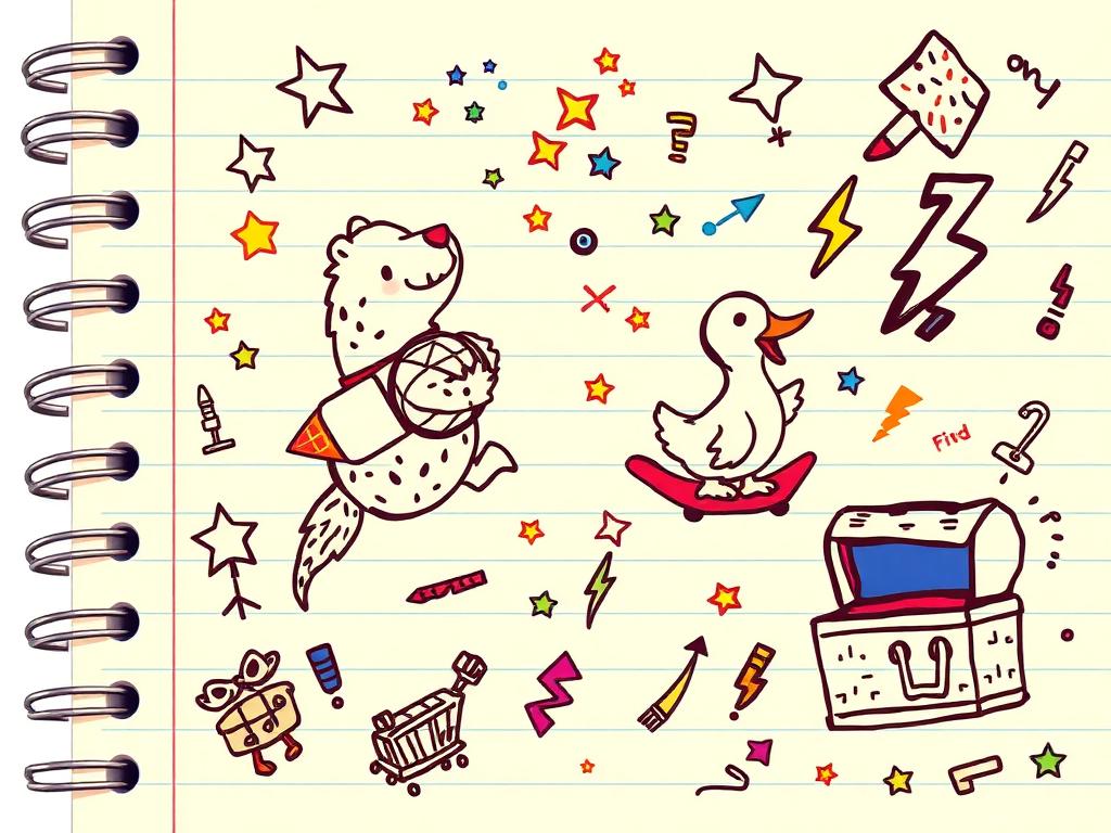 A notebook page covered in colorful hand-drawn game idea doodles
